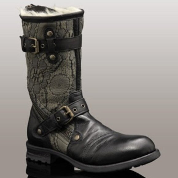 UGG Black Floral Lace Design Leather Boots Size 9 - Picture 1 of 8